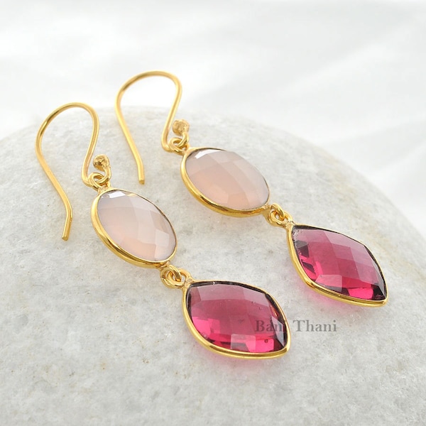 Pink Chalcedony 12mm and Pink Tourmaline 12x16mm Quartz Earrings-Drop Dangle Earrings-Christmas Gift Earrings-Micron Gold Plated Earrings