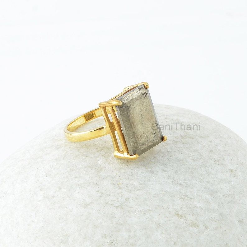 Pirite Silver Ring, Pyrite 12x16mm Rectangle Gemstone Prong Set Ring, Sterling Silver Ring, 18k Gold Plated Ring, Engagement Gift For Women immagine 2