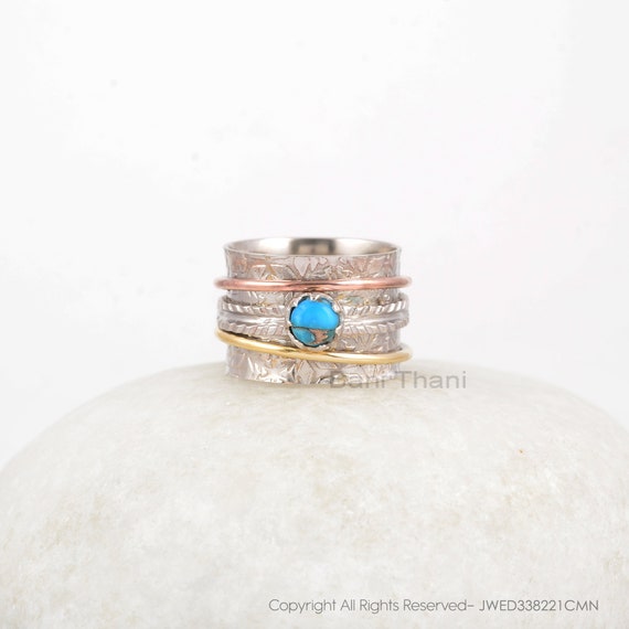 ブルーコッパーターコイズスピナーリング - ボヘミアンリング - 5 x 5