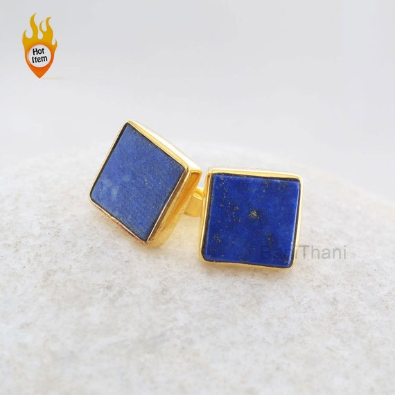Lapis Lazuli Stud Earrings - Sterling Silver - 9mm Flat Square - Rose Gold Studs - Jewelry Manufacturer - Gift For Her - Jewelry For Healing