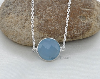 Blue Chalcedony 15mm Round Gemstone Bezel Necklace, 925 Sterling Silver Necklace, Handmade Necklace, Chain Necklace, Birthday Gift Necklace