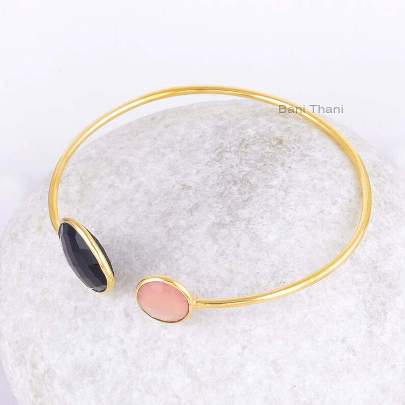 Black Onyx Bangle-Black Onyx Heart 18x18mm /& Pink Chalcedony 10x10mm Round Gold Plated Sterling Silver Bangle-Pink Chalcedony Bangle
