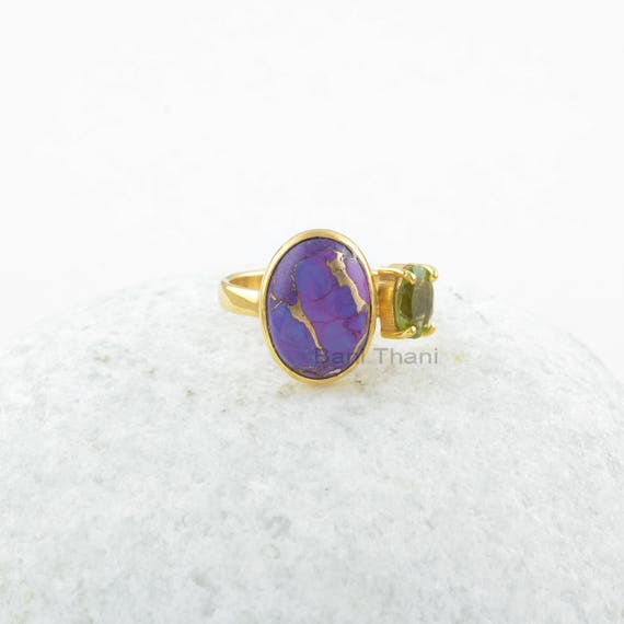 Purple Copper Turquoise Ring - Peridot Gemtone Ring - Solid 925 Sterling Silver Ring - Gift for Mom - Handmade Ring - Jewelry for Bridesmaid