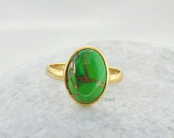 Green Copper Turquoise Ring - 10x14mm Oval Ring - Gold Plated - 925 Sterling Silver - Handmade Ring - Jewelry for Wedding - Gift for Friend