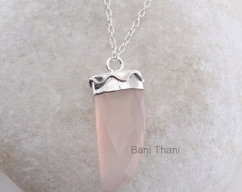 Pendant Necklace, Pink Chalcedony 12x30mm Tusk Shape Gemstone Necklace, 925 Sterling Silver Necklace, Christmas Gift, Birthday Gift Necklace