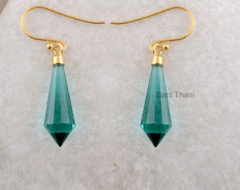 Teal Quartz Faceted Point Shape Micron Gold Plated  Sterling  Dangle Earring - #1513