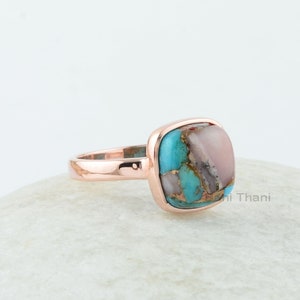 Turquoise Ring 925 Silver Pink Opal Copper Turquoise Cushion Ring Rose Gold Plated Ring Sterling Silver Ring, Mojave Turquoise Ring image 5