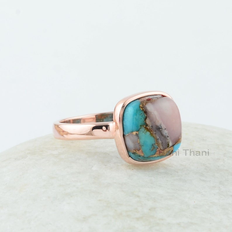 Turquoise Ring 925 Silver Pink Opal Copper Turquoise Cushion Ring Rose Gold Plated Ring Sterling Silver Ring, Mojave Turquoise Ring image 5