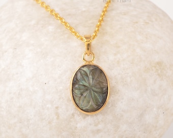 Natural Labradorite Oval Pendant Blue Gemstone Necklace, 925 Silver Gold Plated Hand Carved Stone Necklace, Vintage Simple Necklace For Her