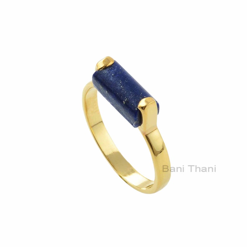 Lapis Lazuli Ring Sterling Silver Gold Plated 5x11mm Long Rounded Rectangle Jewelry Manufacture Jewelry for Friend Gift for Wife image 1