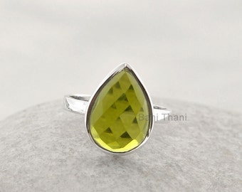Peridot Quartz Ring, Green Peridot 10x14mm Faceted Pear Gemstone Ring, 925 Sterling Silver Bezel Ring, Solitaire Ring, Handmade Ring Jewelry
