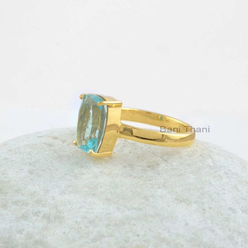 Aqua Quartz Ring-Aqua Quartz 7x11mm Rectangle Sterling Silver Gemstone Ring-18k Gold Plated Ring-Silver Ring-Gemstone Jewelry-Gift For Her image 4