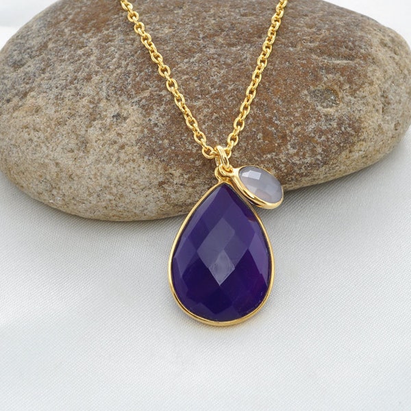 Amethyst Chalcedony Gemstone Necklace - 18k Gold Plated Sterling Silver Necklace - Christmas Gift Jewelry - Delicate Necklace - Gift for Her