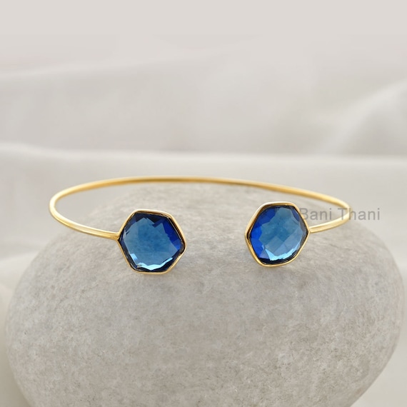 Blue Sapphire Bracelet Micron Gold Plated Quartz Faceted Hexagon 12mm  Sterling  Bangle, Women Bracelet  #1297