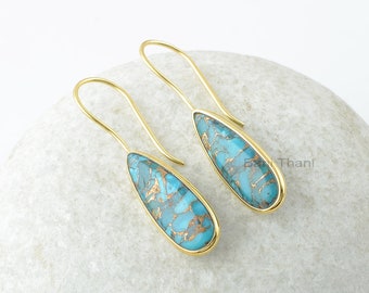 Copper Turquoise Earrings-Copper Blue Turquoise 8x25mm Pear Gemstone Silver Earrings-Long Drop Earrings-Gold Plated Earrings-Wedding Gift