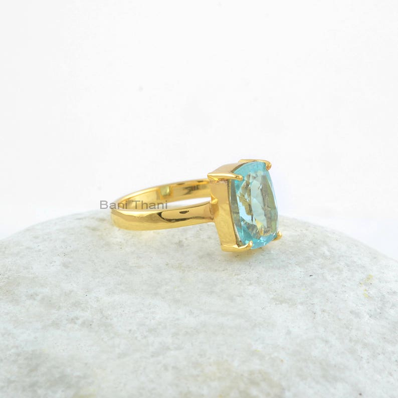 Aqua Quartz Ring-Aqua Quartz 7x11mm Rectangle Sterling Silver Gemstone Ring-18k Gold Plated Ring-Silver Ring-Gemstone Jewelry-Gift For Her image 2