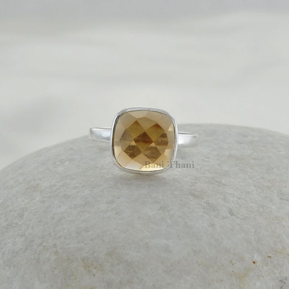 Elegant Champagne Quartz Ring Champagne Quartz 10mm Faceted Cushion Gemstone Ring 925 Sterling Silver Bezel Ring Women Gift Ring Dainty Ring