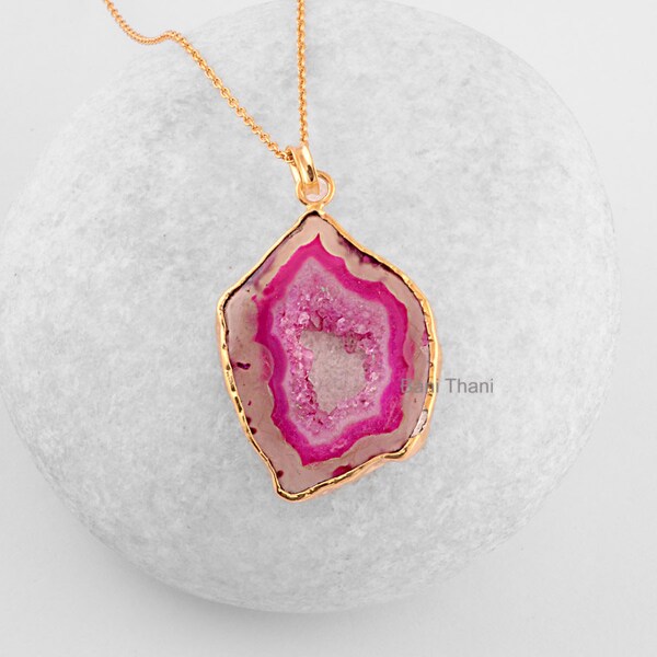 Slice Agate Geode Druzy Pendant - Micron Gold Plated 925 Sterling Silver Necklace, Wholesale Gemstone Necklace - #1800