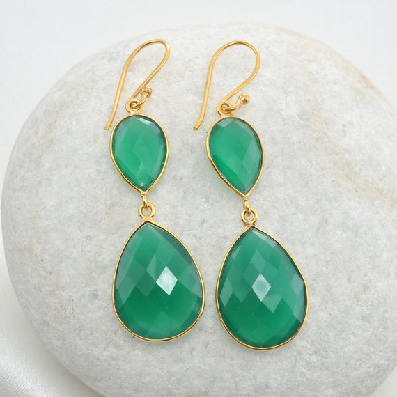 Green Onyx Gemstone Earrings, Green Onyx Earrings,   Earring, Bridal Earring, Bezel Jewelry - #1576