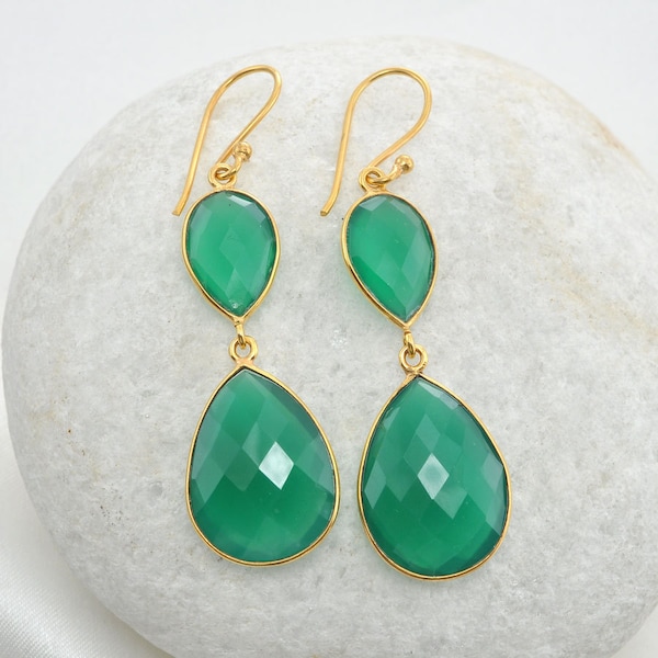 Groene Onyx edelsteen oorbellen, groene Onyx oorbellen, Sterling zilveren Earring, Bridal Earring, Bezel sieraden - # 1576
