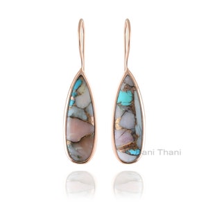 Pink Opal Earrings, Pink Opal Copper Turquoise 8x25 mm Pear Shape Gemstone Earrings, 925 Sterling Silver, Rose Gold Plated Drop Hook Earring