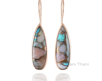 Pink Opal Earrings, Pink Opal Copper Turquoise 8x25 mm Pear Shape Gemstone Earrings, 925 Sterling Silver, Rose Gold Plated Drop Hook Earring