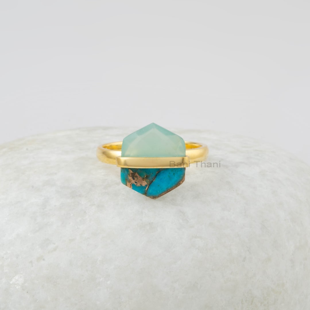 Fused Hexagon Gemstone Ring Copper Blue Turquoise Chalcedony Ring 925 ...