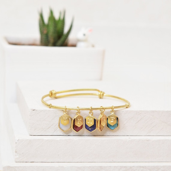 Family Tree Bracelet, Personalized Birthstone Bangle, Mommy Bracelet, Custom Initial Jewelry Gift, Hexa Charm Gemstone Bracelet For Women