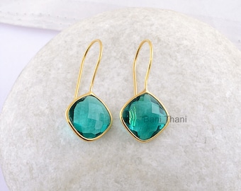 Teal Quartz 12mm Faceted Cushion Gemstone Gold Plated 925 Silver Dangle Earrings, Dangle Earring Gift For Women, Gift For Valentines Day