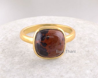 Mahogany Ring, Mahogany Obsidian 10mm Cushion Gemstone Ring, 925 Sterling Silver Jewelry Gold Plated Bezel Ring, Bezel Artisan Ring Jewelry