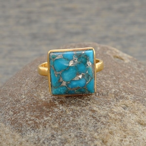 Blue Copper Turquoise Gemstone Silver Ring - Gold Plated Ring - 925 Sterling Silver Ring - Gift for Mom - Jewelry for Girls - Ring for Prom