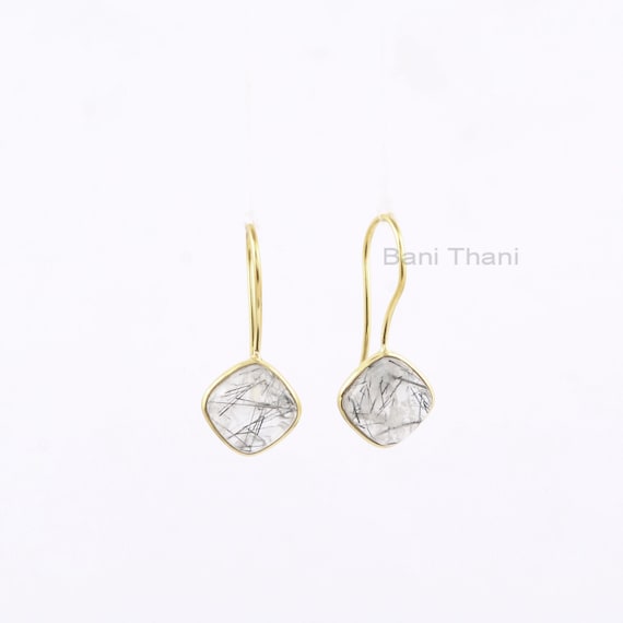 Handmade Black Rutile 10mm Cushion Gemstone Drop Earrings, 925 Sterling  Hook Earrings, 18k Gold Plated Dangle Earrings, Gift Earring