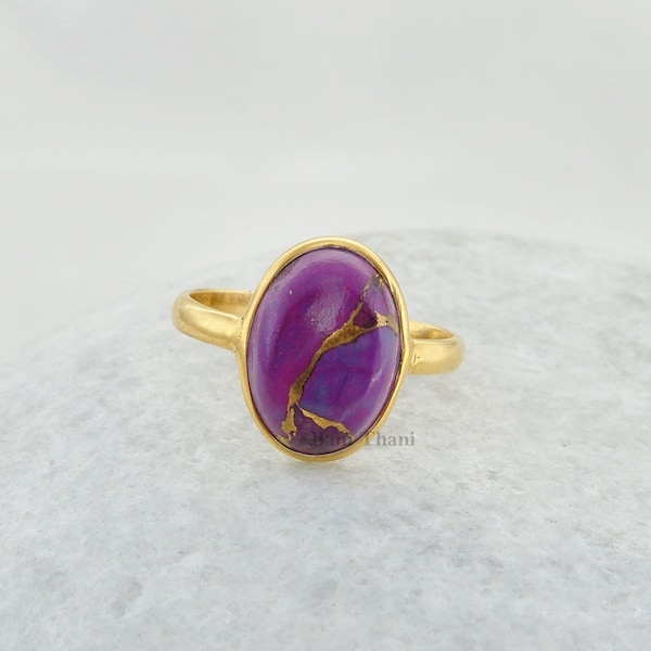 Bague en argent, bague en pierres précieuses, cuivre violet Turquoise ovale 10x14mm Bague en argent sterling 925 Micron plaqué or - # 1196