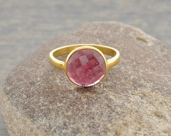 Pink Quartz Ring - Pink Quartz 10mm Round Gemstone Bezel Ring - 925 Sterling  Ring - Gold Plated Pink Quartz Ring - Ring for Womens