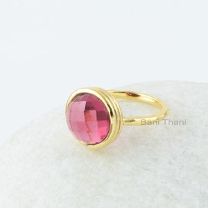 Pink Tourmaline Quartz Ring, Tourmaline Quartz 12mm Round Gemstone Silver Ring, 18k Gold Plated Ring, Wedding Gift For Bride, Gemstone Rings