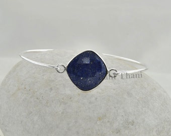 Lapis Lazuli Gemstone Bracelet - 925 Sterling Silver Bangle - Wedding Gift for Her - Diamond Cut Bangle - Birthstone Bracelet - Gift for Mom