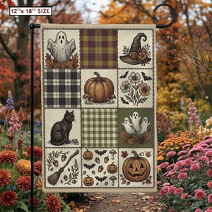 May include: A rectangular garden flag measuring 12 inches by 18 inches featuring a grid of twelve squares with Halloween illustrations including a ghost, a witch hat, a pumpkin, a black cat, a broom, bats, and a jack-o'-lantern with plaid patterns.