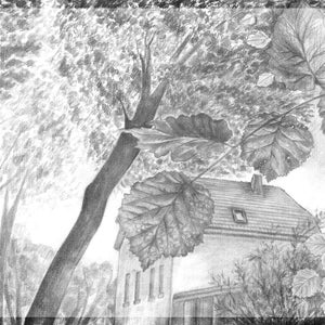 Könnte beinhalten: Eine Bleistiftzeichnung eines Hauses und Bäumen. Die Perspektive ist von unten, durch die Blätter eines Baumes nach oben blickend. Das Haus hat ein Satteldach und mehrere Fenster. Die Zeichnung ist in Schwarzweiß gehalten.