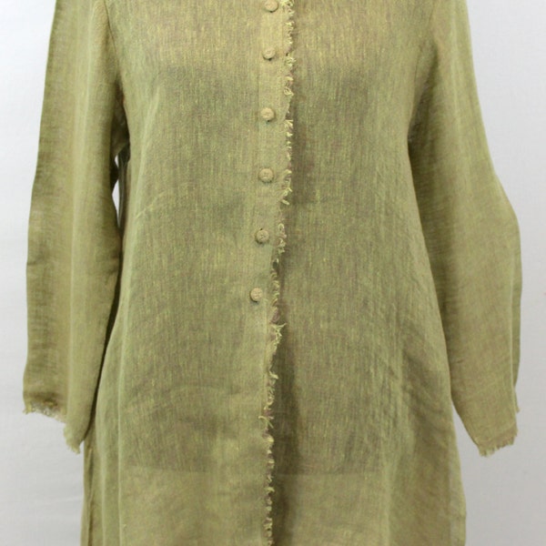 Olive green linen blouse with fringe at collar, front button line, hem and cuffs. By Eileen Fisher