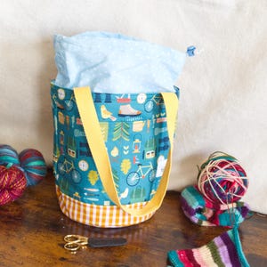Gone Camping Bucket Bag, Small Knitting and Crochet Project Bag, Sock and Shawl Sized tote With Pockets, Yarn Storage, Cute Outdoors Print