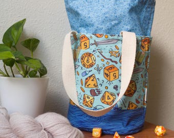 D20 Dice Print Bucket Bag, Drawstring Tote bag for Knitters, Crocheters, and Dungeon Masters! Handmade DnD Inspired Bag, TTRPG Carrying Bag