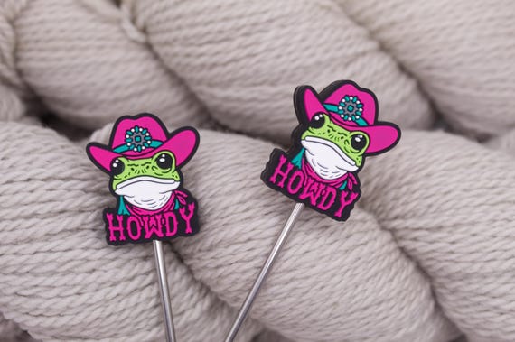 Frog Needle Stoppers, Cute Cowboy Frog Silicon Stitch Protectors, Funny Knitting Tools and Notions, "Howdy" Stitch Stoppers