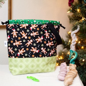 Haunted Gingerbread Men Travel-Sized Drawstring Knitting and Crochet Tote Bag, Funny Christmas Cookies Yarn Storage, Tools and Notions
