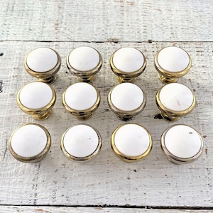 Mid Century White & Brass Drawer Knobs - Set of 12