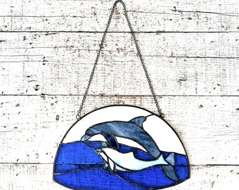 Stained Glass Dolphin Suncatcher Dolphin Family Suncatcher Iris Nautical Stained Glass Panel Fish Suncatcher Dolphin Wall Hanging