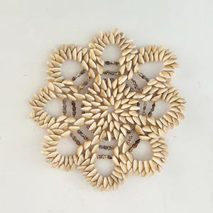 Puede incluir: Un posavasos o salvamanteles decorativo hecho de pequeñas conchas de color claro. Las conchas están dispuestas en un patrón floral o de estrella, con cada concha apuntando hacia afuera. El diseño es simétrico y las conchas están conectadas con pequeños acentos de color oscuro.