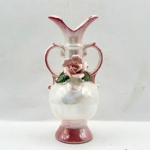 Vintage Pink Porcelain Vase with 3D Flower - Estate Find