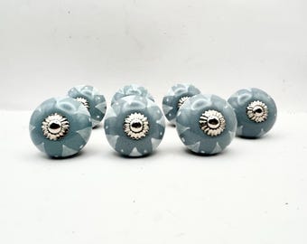 Blue Ceramic Heart Drawer Knobs: Vintage Cabinet Pulls - Set of 7