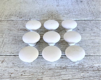 White Ceramic Drawer Knobs: Mid Century Dresser Pulls, Set of 9