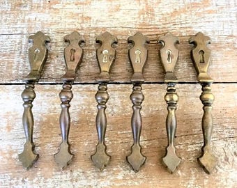 Tiradores de cajón de latón vintage: tiradores flor de lis estilo Hollywood Regency, juego de 6